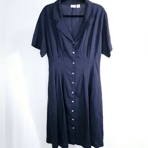 Halston Linen Blend Navy Blue Button Down Shirt Dress Size 12.